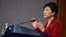 FILE - South Korean President Park Geun-hye spoke at a groundbreaking on Aug. 5, 2015, for the Gyongwon Line renovation project, saying "the door to opportunities that North Korea can participate in is always open." 