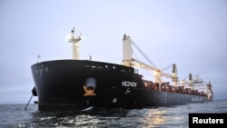 The cargo ship Vezhen is anchored for examination by Swedish authorities outside Karlskrona, Sweden, Jan. 27, 2025. According to tracking sites, the ship passed the area of the Latvian fiber cable that was damaged on Sunday. (TT News Agency/Johan Nilsson via REUTERS) 