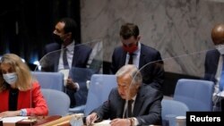 U.N. Secretary-General Antonio Guterres addresses the Security Council regarding the situation in Afghanistan, at the United Nations in New York, Aug. 16, 2021. 