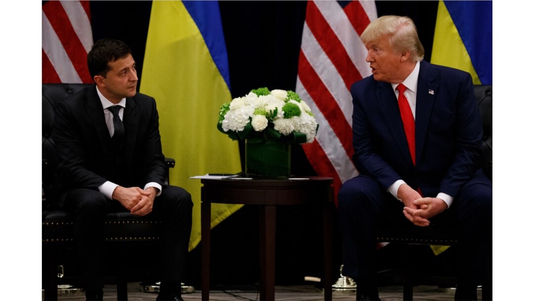 FILE - President Donald Trump meets with Ukrainian President Volodymyr Zelenskiy at the InterContinental Barclay New York hotel during the U.N. General Assembly, Sept. 25, 2019, in New York.