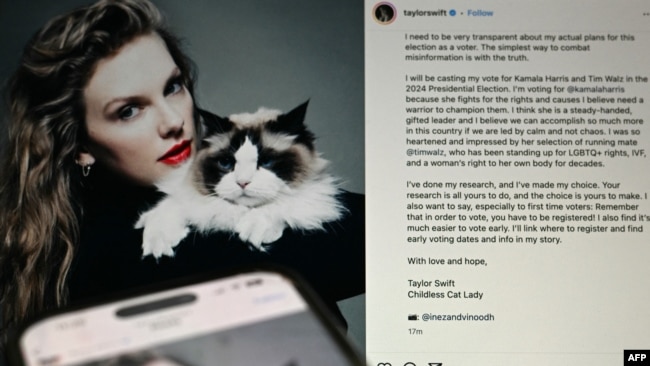 Postimi i këngëtares Taylor Swift në Instagram mbi mbështetjen e saj për kandidaten Kamala Harris.