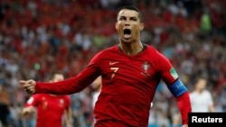Le Portugais Cristiano Ronaldo après son premier but lors du match du Mondial 2018 contre l’Espagne au Stade Fisht, Sotchi, Russie, 15 juin 2018.