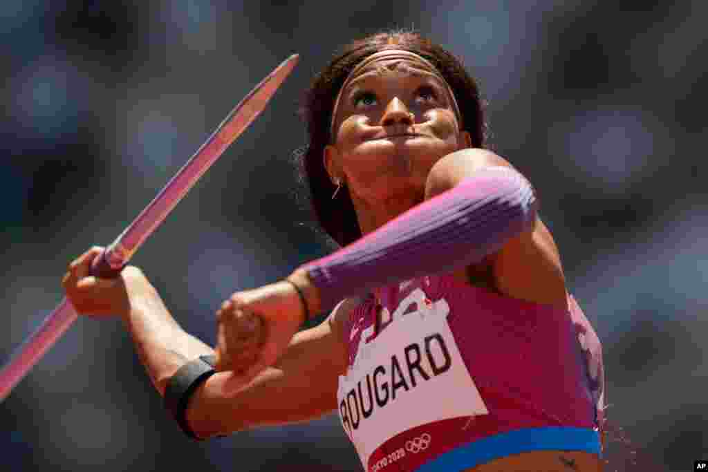 Erica Bougard of the United States competes in the heptathlon javelin throw at the 2020 Summer Olympics in Tokyo, Japan.