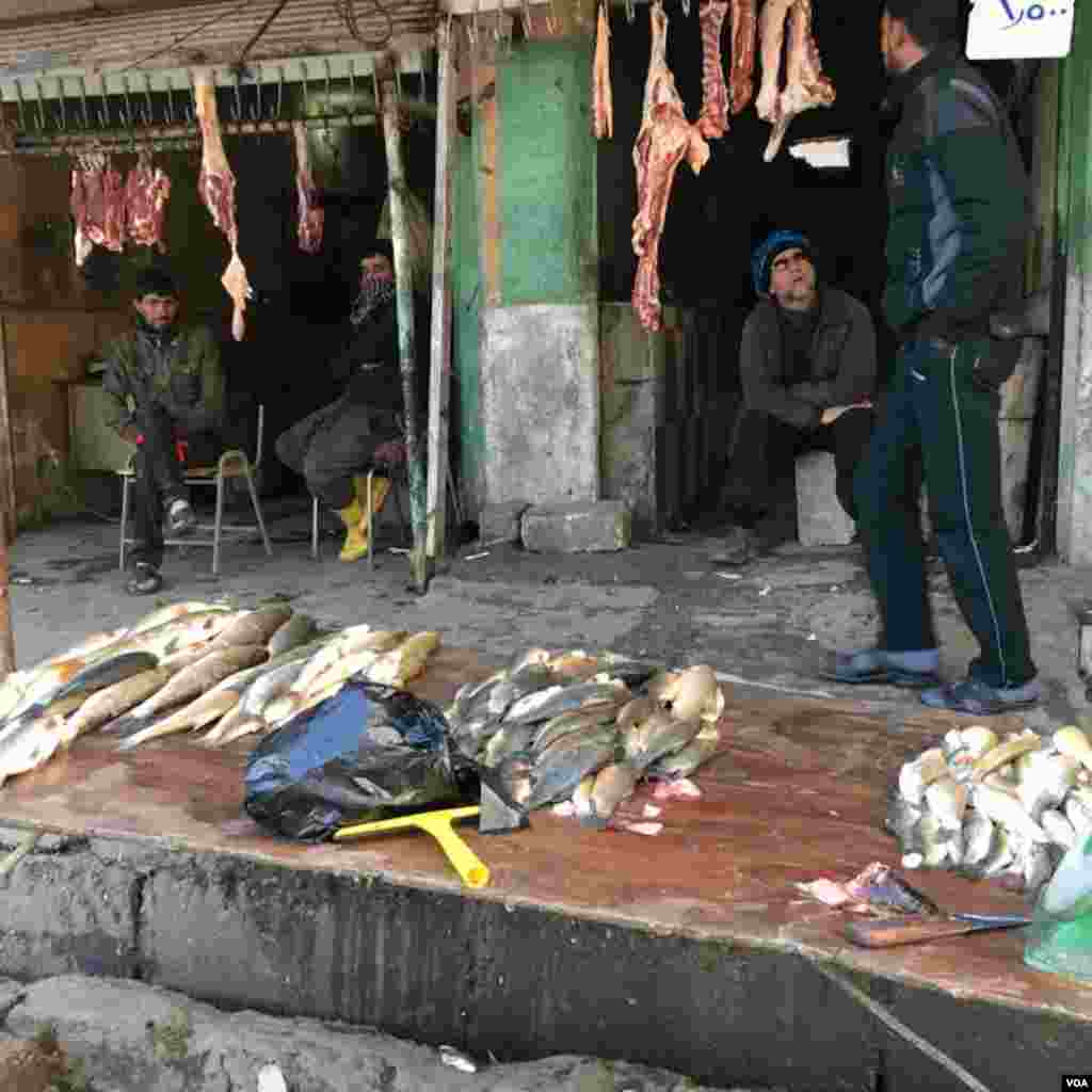 Para pedagang ikan di pasar di kota Qayyarah, sebelah selatan Mosul, Desember 2016. (VOA/Kawa Omar)