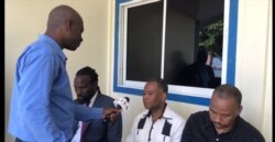 VOA Creole reporter Renan Toussaint interviews Opposition Senators (Left to Right), Antonio Cheramy, Ricard Pierre and Nenel Cassy who are camped out in front of the Senatè, Sept 23, 2019 in Port au Prince, Haiti.