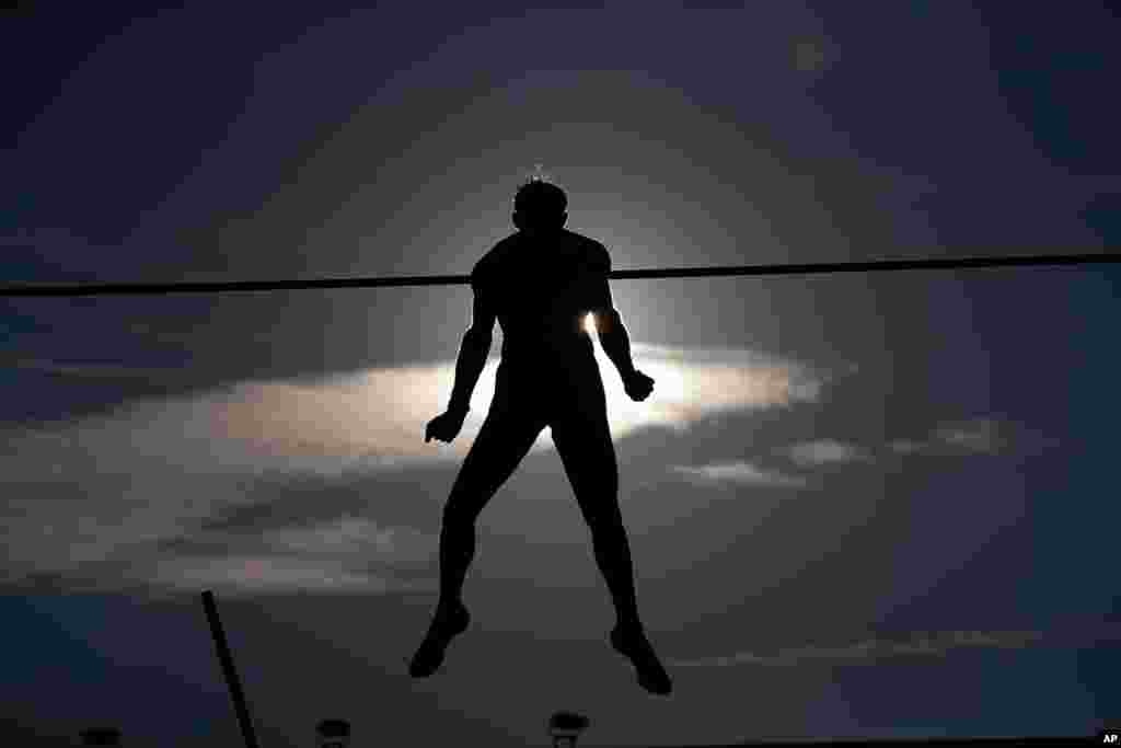 Renaud Lavillenie of France competes in pole vault at the Golden Spike athletic meeting in Ostrava, Czech Republic.