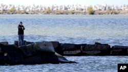 FILE - A man fishes from a break wall on the shores of Lake Erie, Oct. 16, 2017, in Cleveland. 