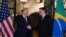 FILE - In this March 7, 2020, file photo, President Donald Trump, left, shakes hands before a dinner with Brazilian President Jair Bolsonaro at Mar-a-Lago in Palm Beach, Fla.