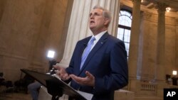 House Majority Leader Kevin McCarthy of Calif. discusses the move by House Republicans to eviscerate the independent Office of Government Ethics, during a network television interview on Capitol Hill in Washington, Jan. 3, 2017.