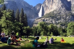 FILE - A class of eighth-grade students and their chaperones sit in a meadow at Yosemite National Park, Calif., below Yosemite Falls, May 25, 2017.