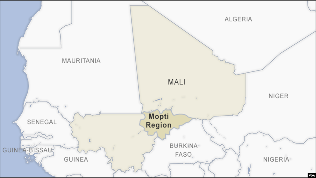 Peta lokasi desa Sobanetou, dekat kota Mopti, Mali tempat terjadinya kekerasan yang menewaskan 95 orang. 