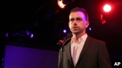 FILE - Twitter co-founder Jack Dorsey speaks at a fundraiser in New York. Twitter says on Jan. 25, 2016, that four executives are leaving the company. 
