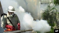 El brote de dengue también lo acreditan los especialistas a la falta de políticas a nivel nacional para controlar el vector que causa la infección. En la foto un empleado fumiga un vecindario en Caracas.