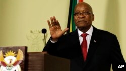 Presiden Afrika Selatan Jacob Zuma tampil dalam konferensi pers di Pretoria, Rabu (14/2). 