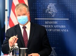 US Deputy Secretary of State Stephen Biegun speaks during a joint press conference with the Lithuanian foreign minister (unseen) after a meeting in Vilnius, Aug. 24, 2020.