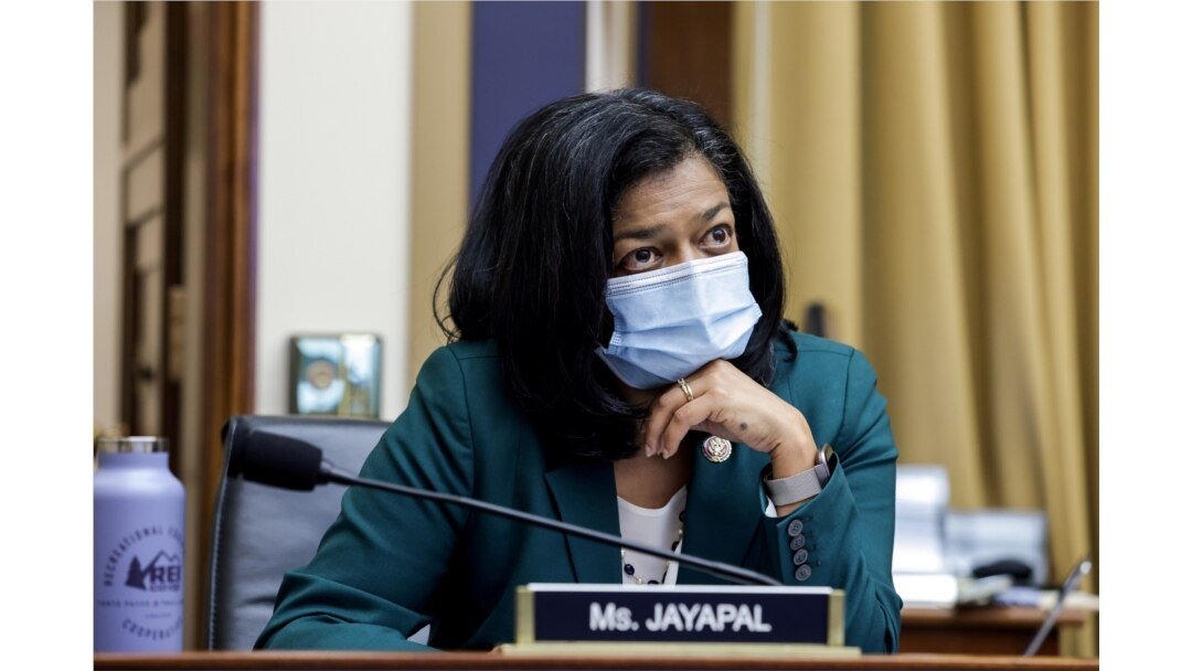 FILE - U.S. Rep. Pramila Jayapal looks on during a hearing of the House Judiciary Subcommittee on Antitrust, Commercial and Administrative Law in the Rayburn House office Building on Capitol Hill, in Washington, July 29, 2020.