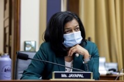 FILE - U.S. Rep. Pramila Jayapal looks on during a hearing of the House Judiciary Subcommittee on Antitrust, Commercial and Administrative Law in the Rayburn House office Building on Capitol Hill, in Washington, July 29, 2020.