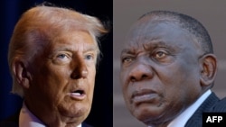 (COMBO) This combination of file pictures created on February 7, 2025 shows US President Donald Trump (L) speaking in Washington, DC, on February 6, 2025, and South African President Cyril Ramaphosa attending Mozambique President-elect Daniel Chapo's ina