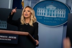 FILE - White House press secretary Kayleigh McEnany speaks during a press briefing at the White House, May 1, 2020, in Washington.