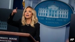White House press secretary Kayleigh McEnany speaks during a press briefing at the White House, May 1, 2020, in Washington.