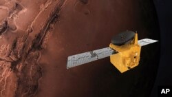 This June 1, 2020, rendering provided by Mohammed Bin Rashid Space Centre shows the Hope probe. The U.S., China and the United Arab Emirates are sending spacecraft to Mars in quick succession beginning this week.