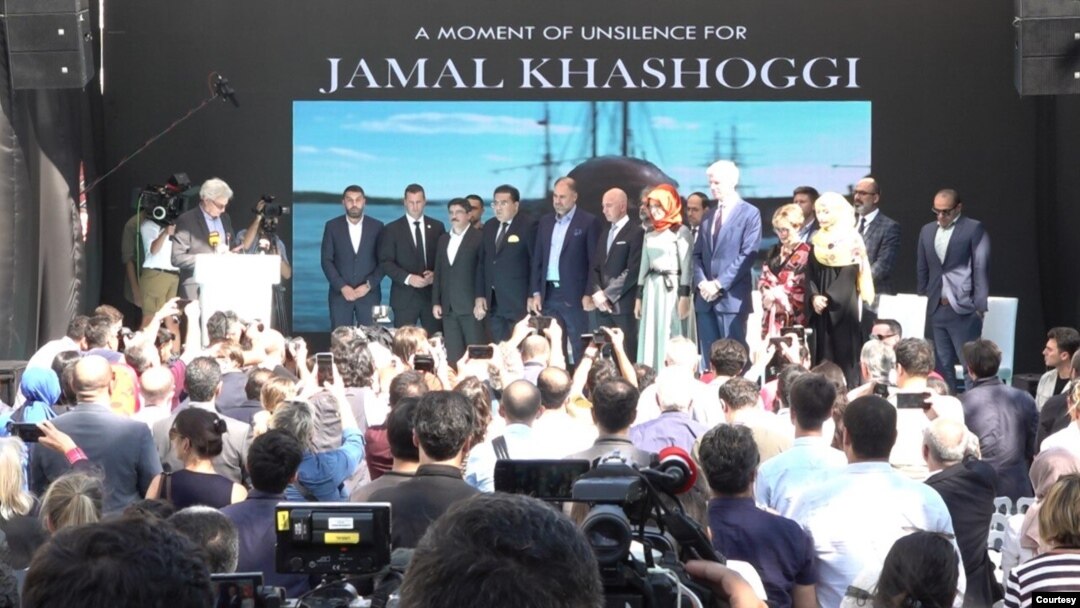 Wednesday’s commemoration of the slaying of the Saudi journalist drew human rights groups, friends and activists. All paid tribute to Jamal Khashoggi’s work and condemned his killing. (Courtesy Dorian Jones)