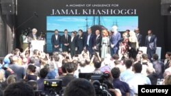 Wednesday’s commemoration of the slaying of the Saudi journalist drew human rights groups, friends and activists. All paid tribute to Jamal Khashoggi’s work and condemned his killing. (Courtesy Dorian Jones)
