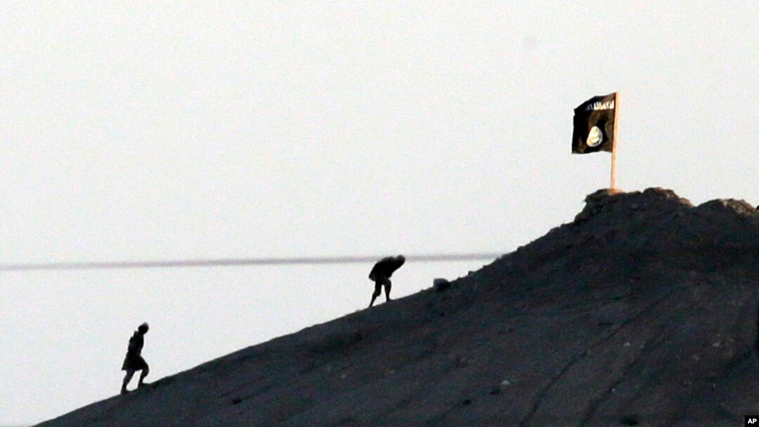 Dalam foto yang diambil dengan lensa telefoto, terlihat di pinggiran kota Suruc di perbatasan antara Turki dan Suriah, militan ISIS dengan bendera kelompok ini di sebuah puncak pegunungan di sisi timur Suruc.