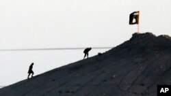 FILE - In this image shot with an extreme telephoto lens and through haze from the outskirts of Suruc at the Turkey-Syria border, militants with the Islamic State group are seen after placing their group's flag on a hilltop at the eastern side of the town