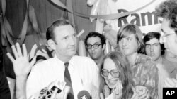 Ramsey Clark, former U.S. attorney general listens to questions from reporters after conceding in his bid for the Democratic nomination in New York for the U.S. Senate seat, Sept. 14, 1976.