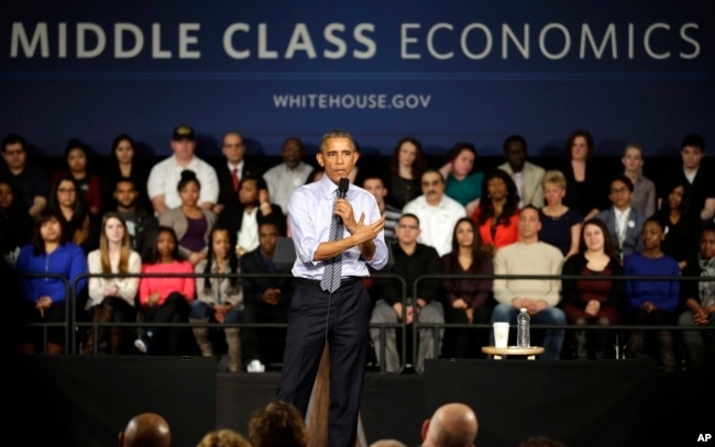 FILE - President Barack Obama speaks at a community college in 2015 when he was pushing to make the form of higher education cost-free. (AP Photo/Michael Conroy)