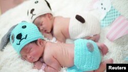 Newborn babies wearing dog costumes to celebrate the New Year of the Dog are pictured at the nursery room of Paolo Chokchai 4 Hospital in Bangkok, Thailand