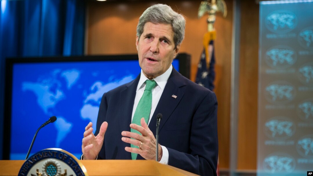 Menlu AS John Kerry di kantor Deplu AS mengumumkan penetapan bahwa kelompok teror ISIS bertanggungjawab atas genosida di Irak dan Suriah, Kamis (17/3).