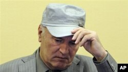 Former Bosnian Serb Gen. Ratko Mladic removes his hat in the court room during his initial appearance at the U.N.'s Yugoslav war crimes tribunal in The Hague, Netherlands, June 3, 2011.