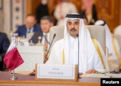 FILE —Qatar's Emir Sheikh Tamim bin Hamad al-Thani at an Organisation of Islamic Cooperation summit in Riyadh, Saudi Arabia, November, 11, 2023.