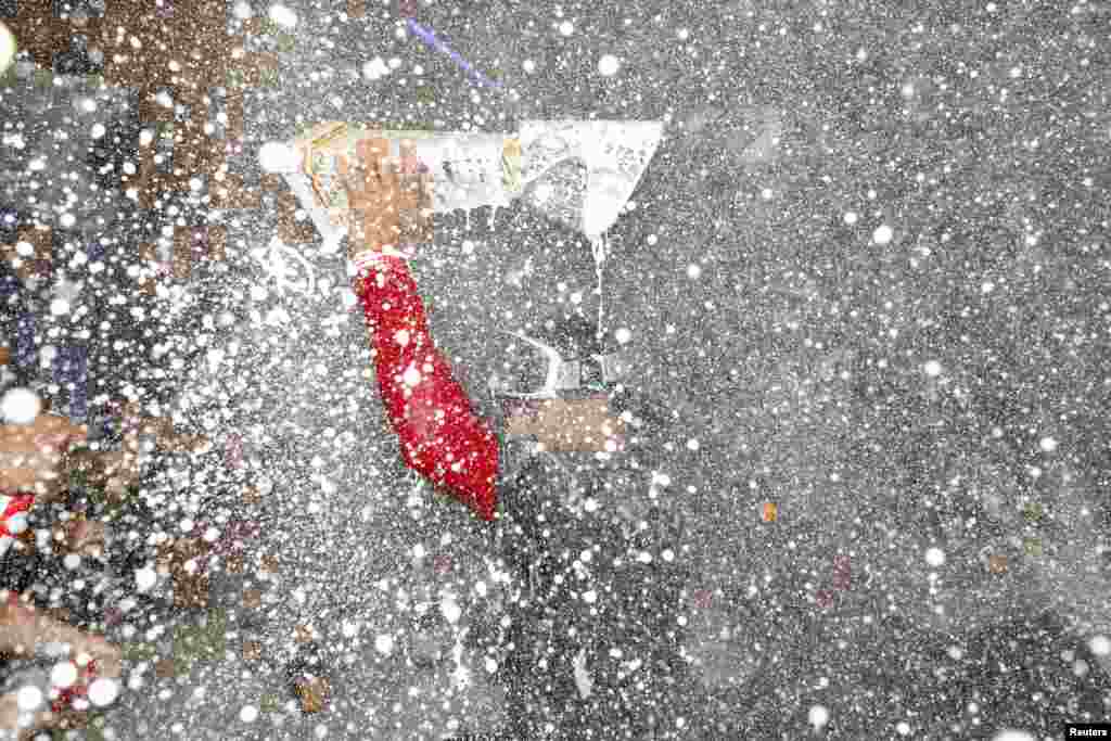 The Washington Nationals celebrate in their locker room after defeating the St. Louis Cardinals in game four of the 2019 NLCS playoff baseball series at Nationals Park in Washington, Oct. 15, 2019. (Credit: Geoff Burke/USA TODAY Sports)