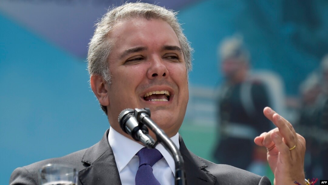  Colombian President Ivan Duque speaks during a ceremony for the recognition of command of the Military Forces at the Jose Maria Cordova Military School in Bogota, Dec. 17, 2018. 