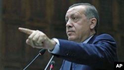 Turkey's Prime Minister Tayyip Erdogan addresses members of parliament from his ruling AK Party during a meeting at the Turkish parliament in Ankara, Turkey, October 11, 2011.