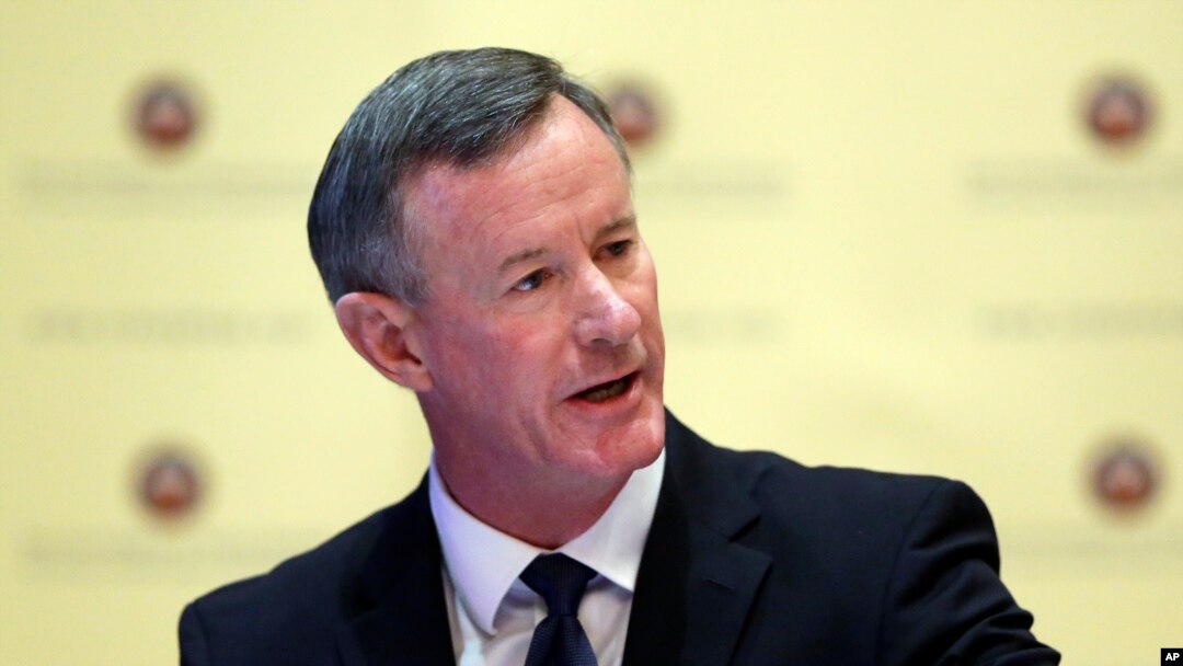 FILE - Navy Adm. William McRaven, the next chancellor of the University of Texas System, addresses the Texas Board of Regents, Aug. 21, 2014, in Austin, Texas.