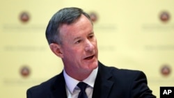 FILE - Navy Adm. William McRaven, the next chancellor of the University of Texas System, addresses the Texas Board of Regents, Aug. 21, 2014, in Austin, Texas.