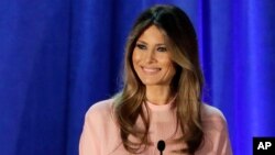 FILE - Melania Trump, wife of Donald Trump, speaks in Berwyn, Pennsylvania. 