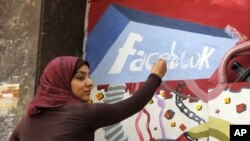 Seorang mahasiswa Mesir melukis mural logo Facebook, 2014. (Foto: AP)