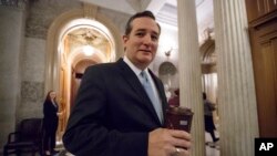 FILE - In this Feb. 3, 2017 file photo, Sen. Ted Cruz, R-Texas, departs the Senate chamber on Capitol Hill in Washington. 