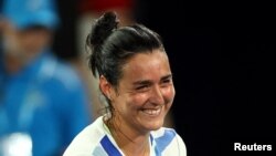 FILE: Tennis - Australian Open - Melbourne Park, Melbourne, Australia - January 17, 2023 Tunisia's Ons Jabeur celebrates winning her first round match against Slovakia's Tamara Zidansek