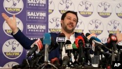 The League's Matteo Salvini gives a press conference on the preliminary election results, in Milan, March 5, 2018. 