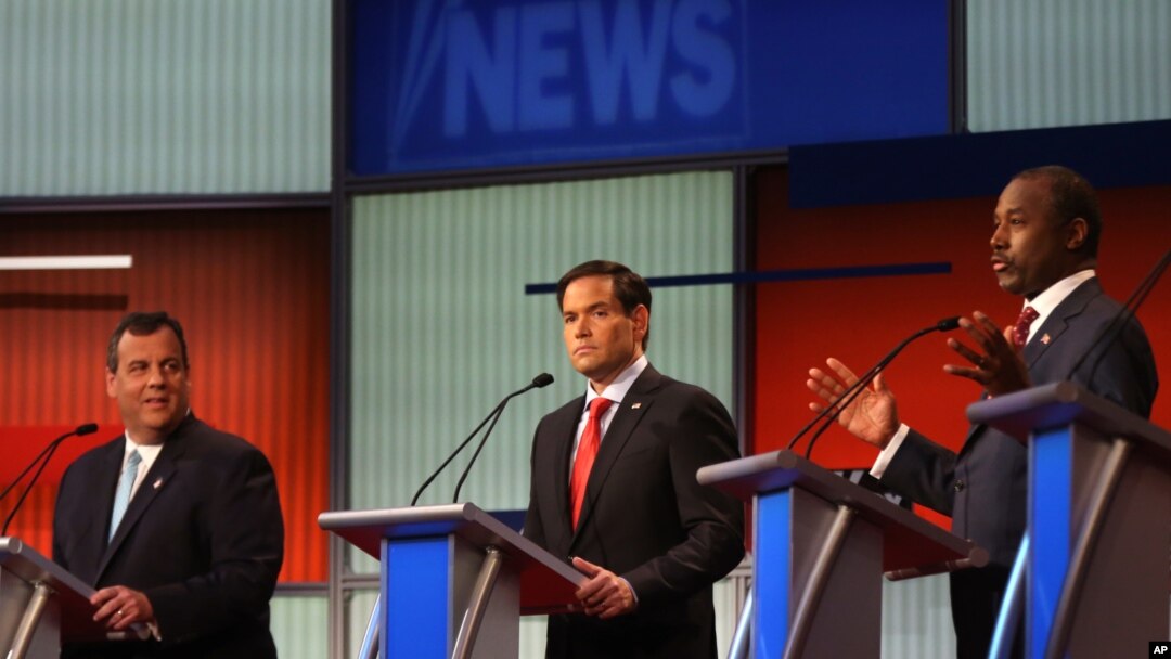Chris Christie, Marco Rubio y Ben Carson durante el debate en Cleveland, Ohio.