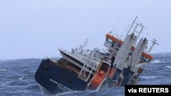 The Dutch cargo ship Eemslift Hendrika is seen in the Norwegian Sea, April 6, 2021. (Coast Guard Ship Sortland/NTB/via Reuters)