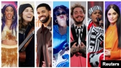 FILE - Grammy Award nominations in Album of the Year category includes artists in this combination photo L-R: Cardi B, Brandi Carlile, Drake, H.E.R., Post Malone, Janelle Monae, and Kacey Musgraves. Kendrick Lamar (not shown) also made the list.