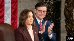 Speaker of the House Mike Johnson applauds as Vice President Kamala Harris presides over a joint session of Congress to certify the results of the 2024 Presidential election, at the US Capitol on Jan. 6, 2025. 