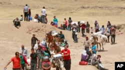 Para pengungsi Suriah menyeberangi perbatasan Irak di Peshkhabour, Dahuk, 430 km baratlaut Baghdad, Irak (20/8/2013). 